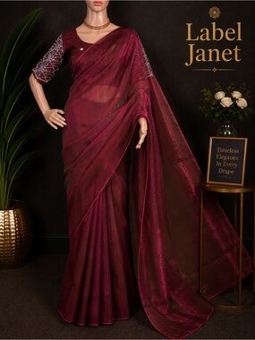 Burgundy plain space silk saree with embroidered stitched blouse (Brand new)